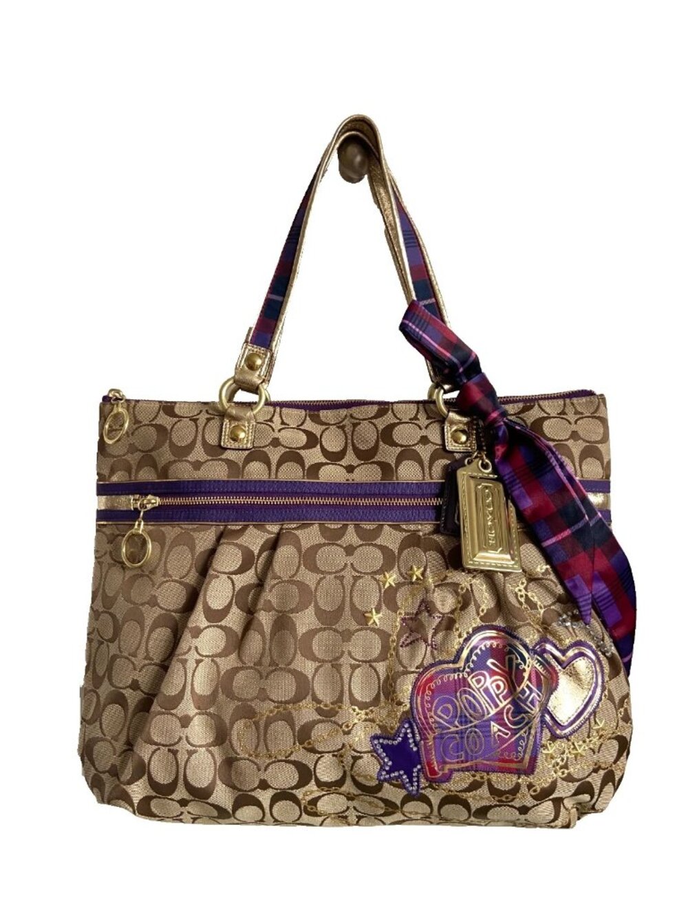 P3559-RARE Poppy Tartan Plaid Applique Glam Tote